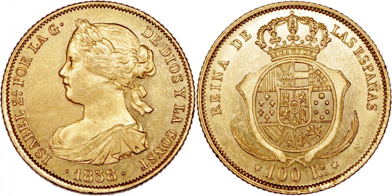 MONARQUÍA ESPAÑOLA
ISABEL II
100 Reales. AV. Madrid. 1858. 8,38 g. CAL.23. Muy...