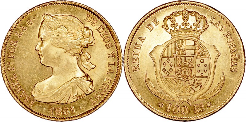 MONARQUÍA ESPAÑOLA
ISABEL II
100 Reales. AV. Madrid. 1861. 8,37 g. CAL.26. Lig...
