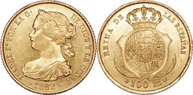 MONARQUÍA ESPAÑOLA
ISABEL II
100 Reales. AV. Madrid. 1862. 8,39 g. CAL.27. Rayita en anv. Conserva brillo. EBC/EBC+