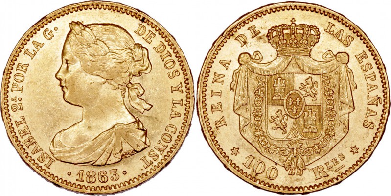 MONARQUÍA ESPAÑOLA
ISABEL II
100 Reales. AV. Madrid. 1863. 8,42 g. CAL.28. Lig...