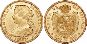 MONARQUÍA ESPAÑOLA
ISABEL II
100 Reales. AV. Madrid. 1863. 8,42 g. CAL.28. Ligerísimo golpe en listel, si no EBC+