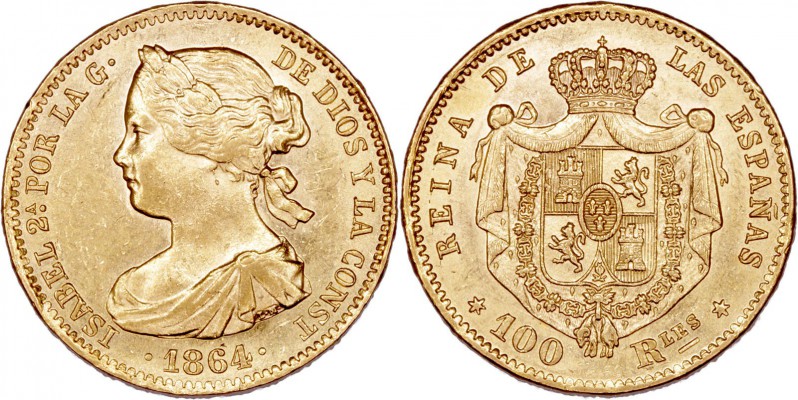 MONARQUÍA ESPAÑOLA
ISABEL II
100 Reales. AV. Madrid. 1864. 8,41 g. CAL.29. Con...