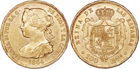 MONARQUÍA ESPAÑOLA
ISABEL II
100 Reales. AV. Madrid. 1864. 8,41 g. CAL.29. Conserva brillo. EBC+