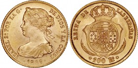 MONARQUÍA ESPAÑOLA
ISABEL II
100 Reales. AV. Sevilla. 1862. 8,39 g. CAL.40. Pleno brillo. SC-