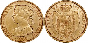 MONARQUÍA ESPAÑOLA
ISABEL II
10 Escudos. AV. Madrid. 1866. 8,38 g. CAL.44. Escasa. EBC+
