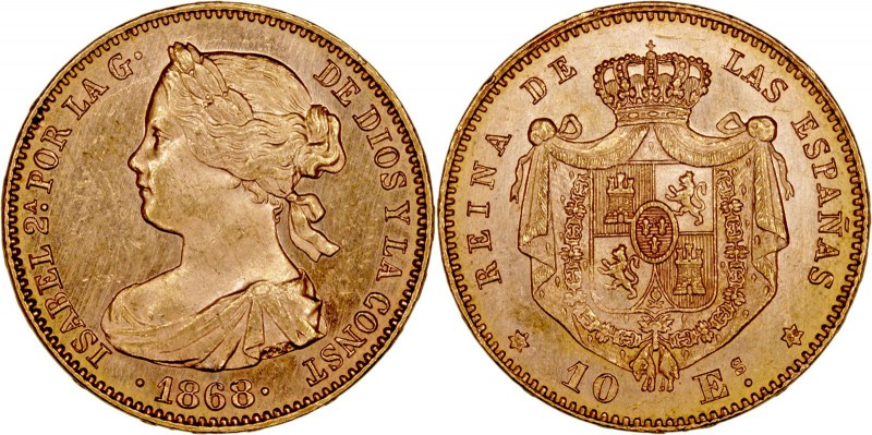 MONARQUÍA ESPAÑOLA
ISABEL II
10 Escudos. AV. Madrid. 1868 *18-68. 8,37 g. CAL....