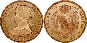 MONARQUÍA ESPAÑOLA
ISABEL II
10 Escudos. AV. Madrid. 1868 *18-68. 8,37 g. CAL.47. Muy bonita pieza que conserva brillo. EBC+/SC-