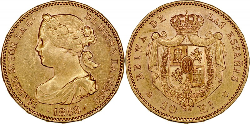 MONARQUÍA ESPAÑOLA
ISABEL II
10 Escudos. AV. Madrid. 1868 *18-73. 8,39 g. CAL....