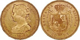 MONARQUÍA ESPAÑOLA
ISABEL II
10 Escudos. AV. Madrid. 1868 *18-73. 8,39 g. CAL.48. Rayitas en anv., si no EBC+
