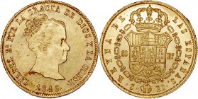MONARQUÍA ESPAÑOLA
ISABEL II
80 Reales. AV. Sevilla RD. 1846. 6,77 g. CAL.97. Ligeras rayitas, si no EBC+. Escasa