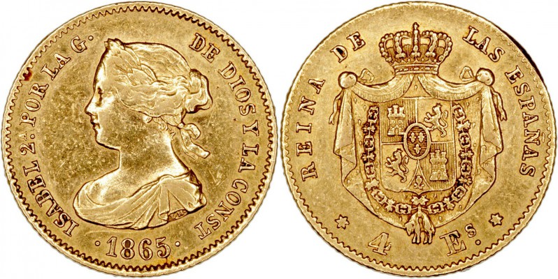 MONARQUÍA ESPAÑOLA
ISABEL II
4 Escudos. AV. Madrid. 1865. 3,38 g. CAL.108. Lig...