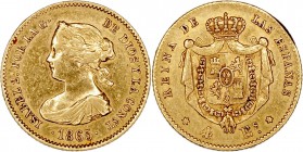 MONARQUÍA ESPAÑOLA
ISABEL II
4 Escudos. AV. Madrid. 1865. 3,38 g. CAL.108. Ligeramente limpiada. MBC/MBC+