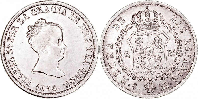 MONARQUÍA ESPAÑOLA
ISABEL II
2 Reales. AR. Sevilla RD. 1850. 2,49 g. CAL.378. ...