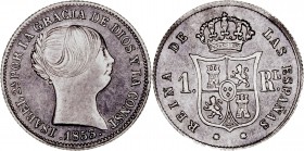 MONARQUÍA ESPAÑOLA
ISABEL II
Real. AR. Barcelona. 1853. 1,35 g. CAL.398. Bella pieza que mantiene brillo. Escasa así. SC