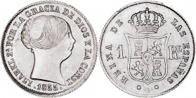 MONARQUÍA ESPAÑOLA
ISABEL II
Real. AR. Barcelona. 1855. 1,24 g. CAL.400. Pátina mate. SC-/EBC+