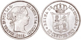 MONARQUÍA ESPAÑOLA
ISABEL II
10 Céntimos de Escudo. AR. Madrid. 1865. 1,34 g. CAL.445. Conserva brillo, muy bonita pieza. Escasa así. SC-