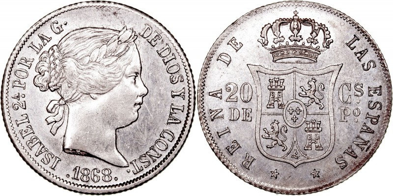 MONARQUÍA ESPAÑOLA
ISABEL II
20 Centavos de Peso. AR. Manila. 1868. 5,21 g. CA...