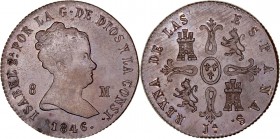 MONARQUÍA ESPAÑOLA
ISABEL II
8 Maravedís. AE. Jubia. 1846. 10,38 g. CAL.484. Pátina algo irregular, por lo demás bella pieza. Muy escasa así. SC-...