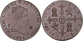 MONARQUÍA ESPAÑOLA
ISABEL II
8 Maravedís. AE. Jubia. 1850. Doble línea de perfil. 10,01 g. CAL.488. Muy interesante. EBC