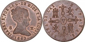 MONARQUÍA ESPAÑOLA
ISABEL II
8 Maravedís. AE. Segovia. 1843. 11,21 g. CAL.499. Conserva restos de brillo y bonito color. Muy escasa así. EBC+