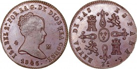 MONARQUÍA ESPAÑOLA
ISABEL II
4 Maravedís. AE. Jubia. 1846. 4,61 g. CAL.516. Bella pieza con muy bonito color. Muy escasa así. SC-