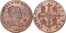 MONARQUÍA ESPAÑOLA
ISABEL II
4 Maravedís. AE. Jubia. 1847. 4,29 g. CAL.517. Pátina algo irregular y restos de brillo original. Muy escasa así. SC-...