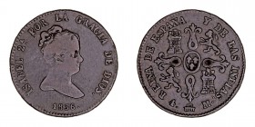 MONARQUÍA ESPAÑOLA
ISABEL II
4 Maravedís. AE. Segovia. 1836. 4,82 g. CAL.522. Muy escasa. MBC-