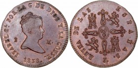 MONARQUÍA ESPAÑOLA
ISABEL II
2 Maravedís. AE. Jubia. 1838. 2,41 g. CAL.539. Ligeras manchitas en anv., si no SC-/SC. Conserva brillo original, por l...