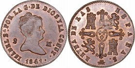 MONARQUÍA ESPAÑOLA
ISABEL II
2 Maravedís. AE. Segovia. 1841. 2,14 g. CAL.552. Preciosa pieza. Muy escasa así. SC