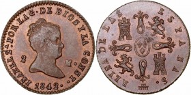 MONARQUÍA ESPAÑOLA
ISABEL II
2 Maravedís. AE. Segovia. 1842. La Ñ de ESPAÑAS sin tilde. 2,34 g. CAL.554 vte. Cuño algo flojo en rev., por lo demás b...