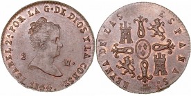 MONARQUÍA ESPAÑOLA
ISABEL II
2 Maravedís. AE. Segovia. 1844. La A de 2Ş grande. 2,33 g. CAL.556 vte. Bella pieza manteniendo bonito color. Muy escas...