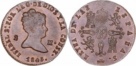 MONARQUÍA ESPAÑOLA
ISABEL II
2 Maravedís. AE. Segovia. 1845. 1,66 g. CAL.557. Ligero vano de cuño en rev., por lo demás muy bonita pieza. Escasa así...