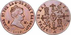 MONARQUÍA ESPAÑOLA
ISABEL II
2 Maravedís. AE. Segovia. 1850. 2,51 g. CAL.563. Muy bonito color. SC-