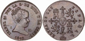 MONARQUÍA ESPAÑOLA
ISABEL II
Maravedí. AE. Segovia. 1842. 1,18 g. CAL.567. Bella pieza que conserva restos de brillo. Muy escasa así. SC-