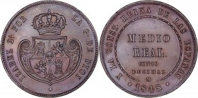 MONARQUÍA ESPAÑOLA
ISABEL II
1/2 Real. AE. Madrid. 1848. 18,22 g. CAL.572. Ligerísimo golpecito en listel, por lo demás muy bonita pieza conservando...