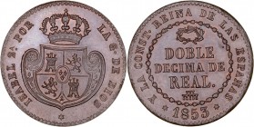 MONARQUÍA ESPAÑOLA
ISABEL II
Doble décima de Real. AE. Segovia. 1853. 7,45 g. CAL.579. Bellísima pieza que mantiene color original. Rara así. SC...