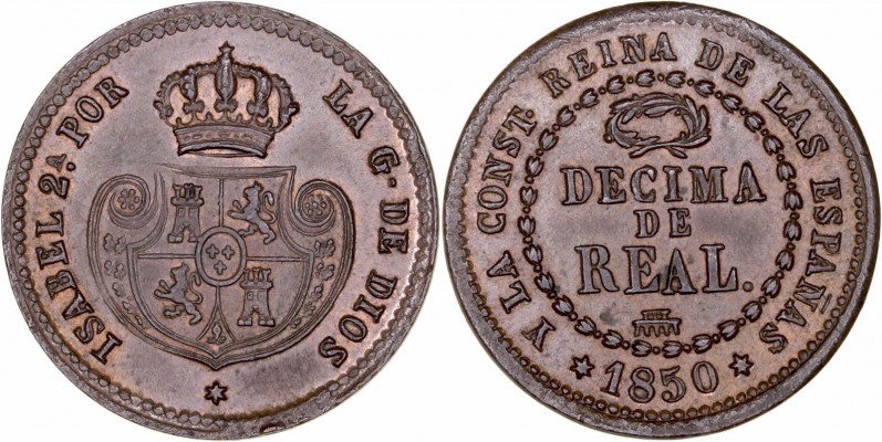 MONARQUÍA ESPAÑOLA
ISABEL II
Décima de Real. AE. Segovia. 1850. 3,99 g. CAL.58...