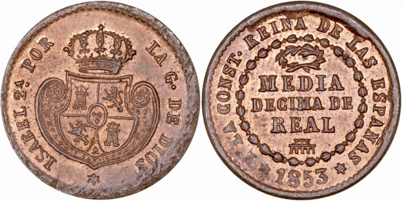 MONARQUÍA ESPAÑOLA
ISABEL II
1/2 Décima de Real. AE. Segovia. 1853. 1,72 g. CA...