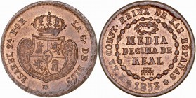 MONARQUÍA ESPAÑOLA
ISABEL II
1/2 Décima de Real. AE. Segovia. 1853. 1,72 g. CAL.586. Listel algo más grueso de acuñación. Conserva brillo y bonita p...