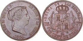 MONARQUÍA ESPAÑOLA
ISABEL II
25 Céntimos de Real. AE. Barcelona. 1864. 9,35 g. CAL.588. Bella pieza. Muy escasa así. SC-