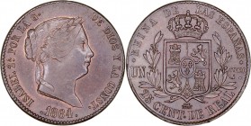 MONARQUÍA ESPAÑOLA
ISABEL II
25 Céntimos de Real. AE. Segovia. 1864. 10,13 g. CAL.588. Muy bonita pieza. Ex subasta Áureo Selección, marzo 2012. Muy...