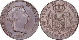 MONARQUÍA ESPAÑOLA
ISABEL II
25 Céntimos de Real. AE. Segovia. 1859. 9,05 g. CAL.594. Ligero golpecito en canto. Muy bonita pieza. Escasa así. SC-...