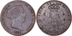 MONARQUÍA ESPAÑOLA
ISABEL II
25 Céntimos de Real. AE. Segovia. 1863. 9,49 g. CAL.598. MBC+/EBC-