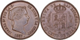 MONARQUÍA ESPAÑOLA
ISABEL II
10 Céntimos de Real. AE. Segovia. 1857. 3,71 g. CAL.603. Muy bonita pieza. EBC+