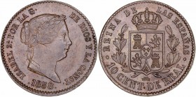 MONARQUÍA ESPAÑOLA
ISABEL II
10 Céntimos de Real. AE. Segovia. 1858. 3,81 g. CAL.604. Escasa así. EBC+