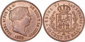 MONARQUÍA ESPAÑOLA
ISABEL II
10 Céntimos de Real. AE. Segovia. 1859. 3,64 g. CAL.605. Brillo y bonito color original. Rara así. SC