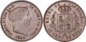 MONARQUÍA ESPAÑOLA
ISABEL II
10 Céntimos de Real. AE. Segovia. 1863. 4,07 g. CAL.609. Escasa así. EBC+