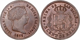 MONARQUÍA ESPAÑOLA
ISABEL II
5 Céntimos de Real. AE. Segovia. 1855. 1,73 g. CAL.612. Rayita en el cuello. Mantiene brillo. Escasa así. SC-