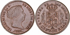 MONARQUÍA ESPAÑOLA
ISABEL II
5 Céntimos de Real. AE. Segovia. 1856. 1,86 g. CAL.613. Muy escasa así. SC-