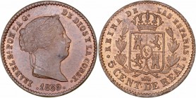 MONARQUÍA ESPAÑOLA
ISABEL II
5 Céntimos de Real. AE. Segovia. 1859. 1,96 g. CAL.616. Bella pieza con bonito color y manteniendo brillo. Muy escasa a...